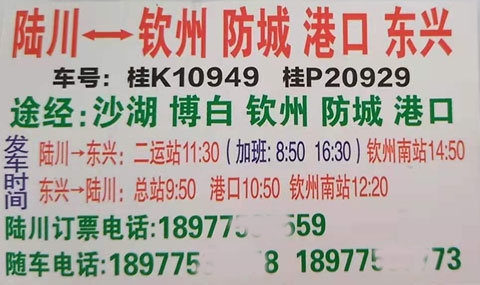 陆川到钦州防城港东兴名片正面